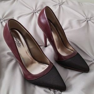 5 Inch Oxblood Patent with Black Mesh Square Pumps